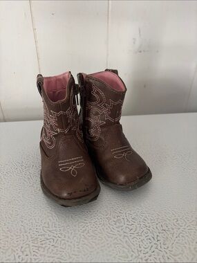 Kids Brown Western Cowboy Boots with Pink Lining